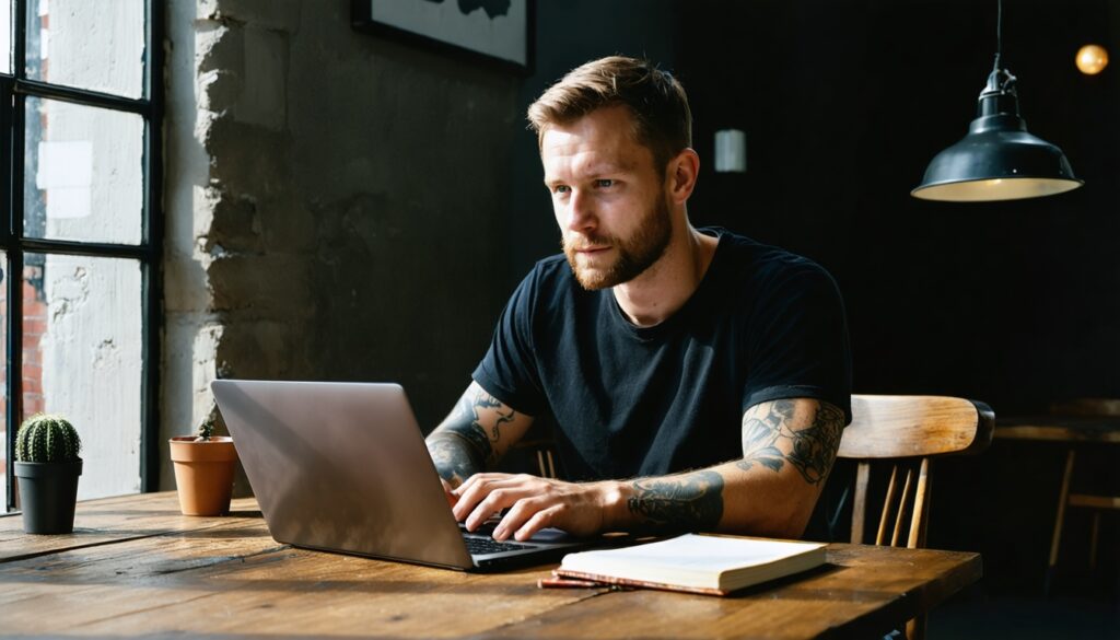 Authentieke foto van man die aan een houten tafel werkt met laptop en notitieboek, passend bij een stoere mannelijke blog